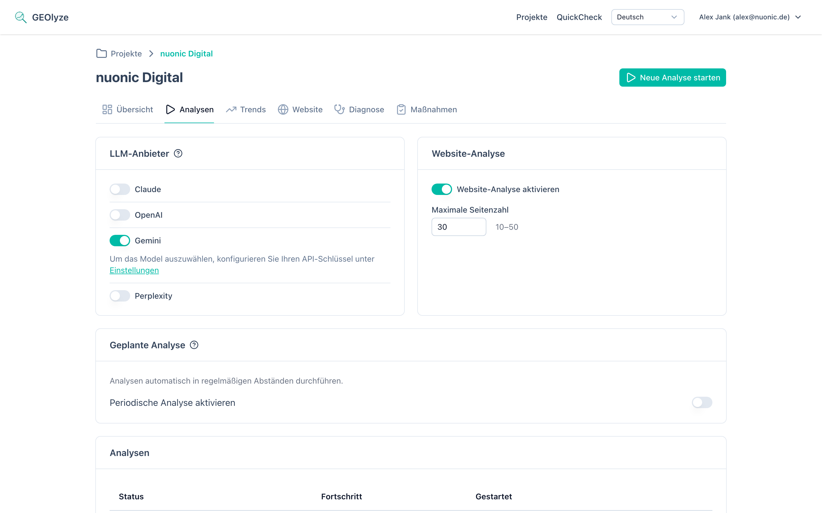 Kostenschätzungs-Dialog mit KI-Analyse-Kosten, Website-Analyse-Kosten, Gesamtschätzung und aktuellem Guthaben
