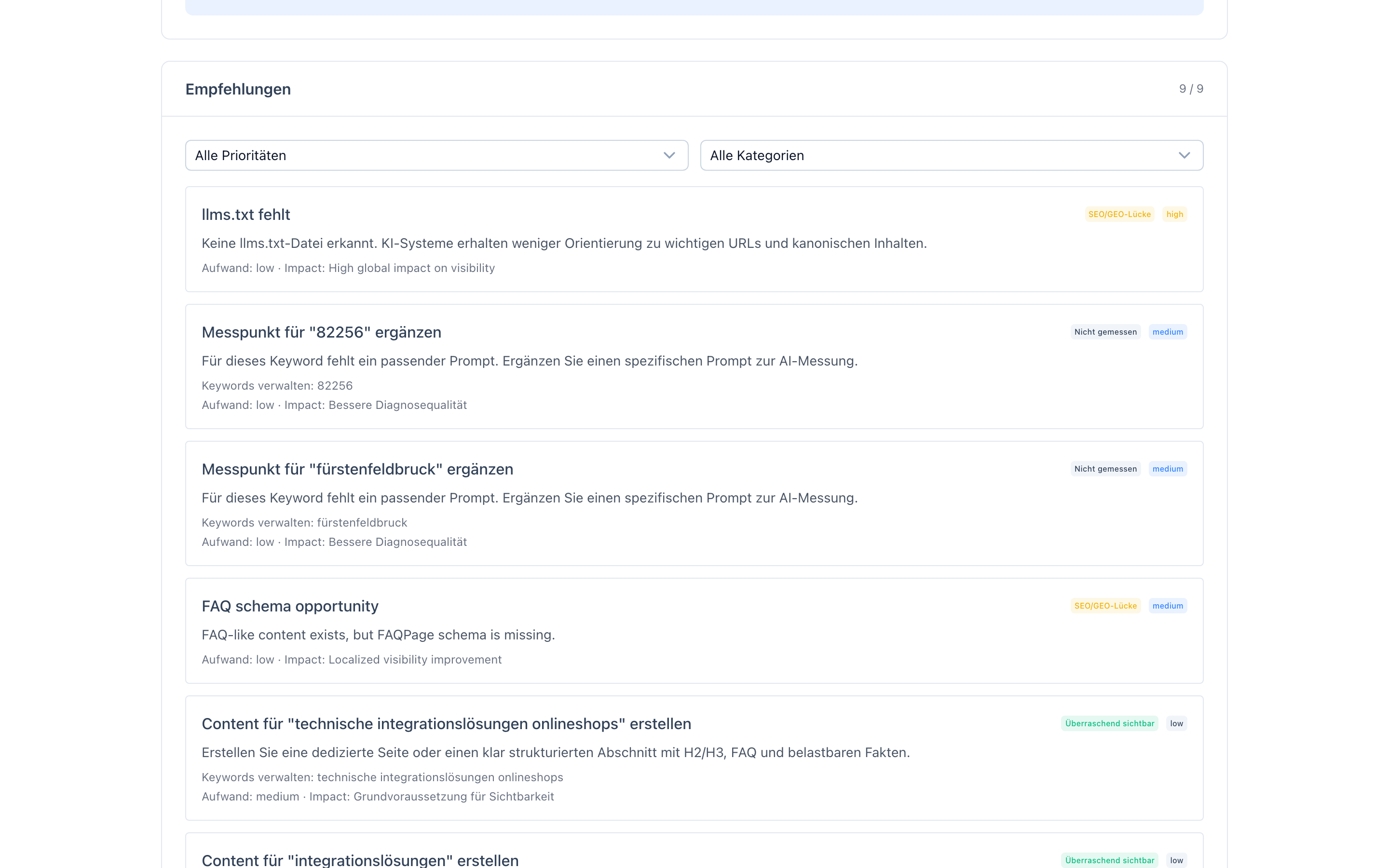 Empfehlungsliste mit priorisierten Verbesserungsmaßnahmen inkl. Gap-Typ, Aufwand und erwarteter Wirkung