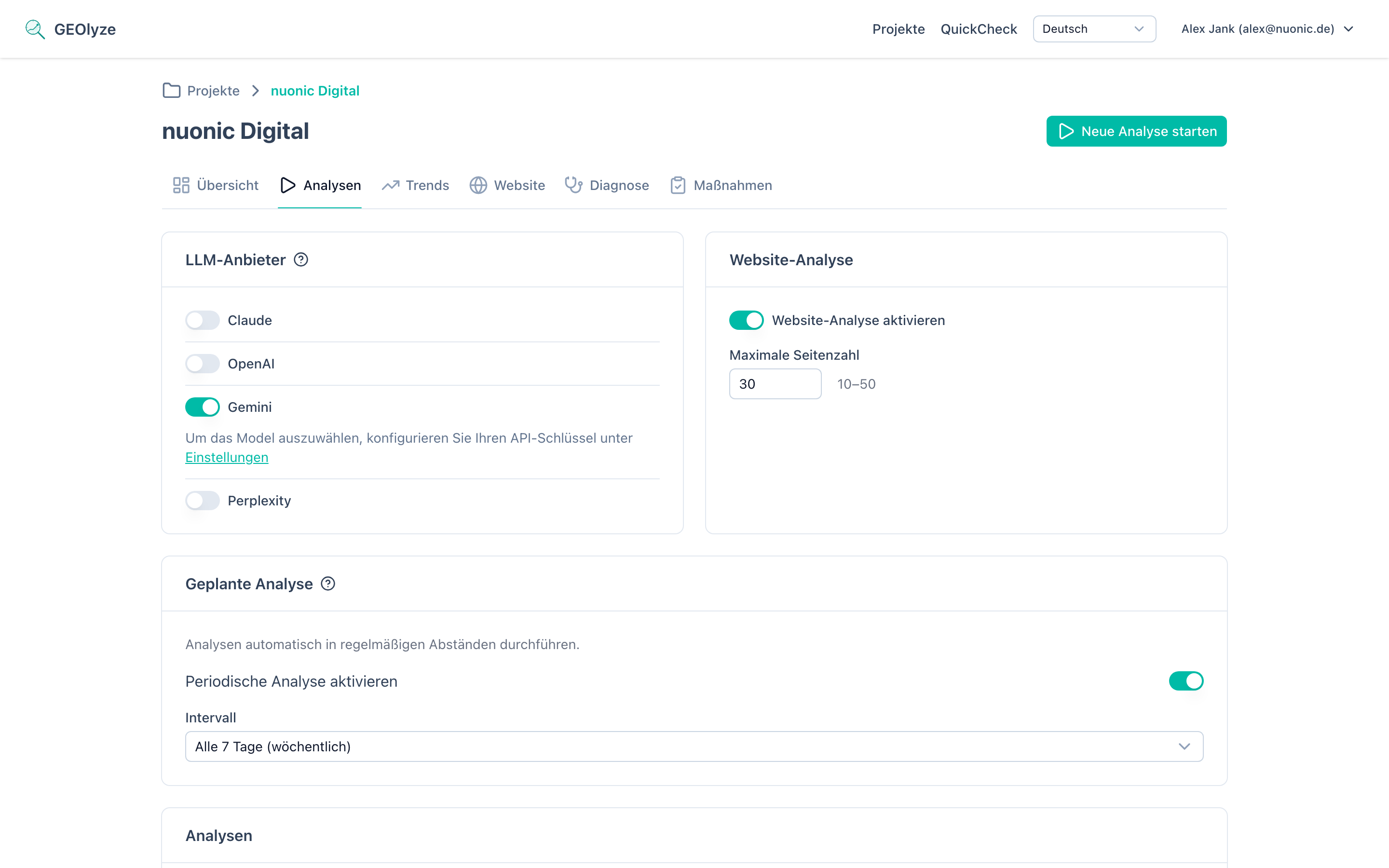 Analyseliste mit manuell gestarteten und geplanten Analysen samt Statusanzeigen