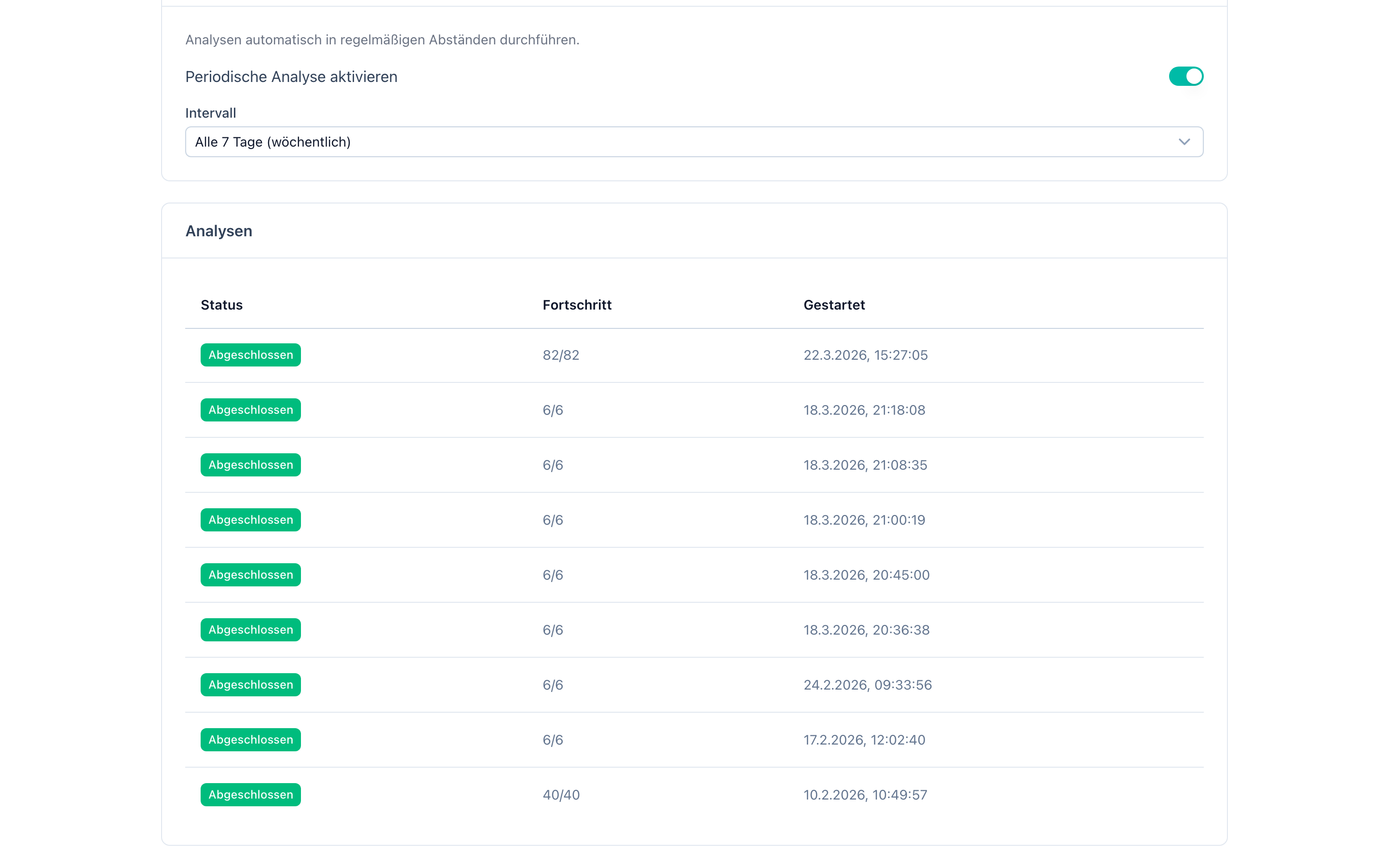 Projekteinstellungen mit Zeitplan-Schalter und Intervallauswahl von täglich bis monatlich