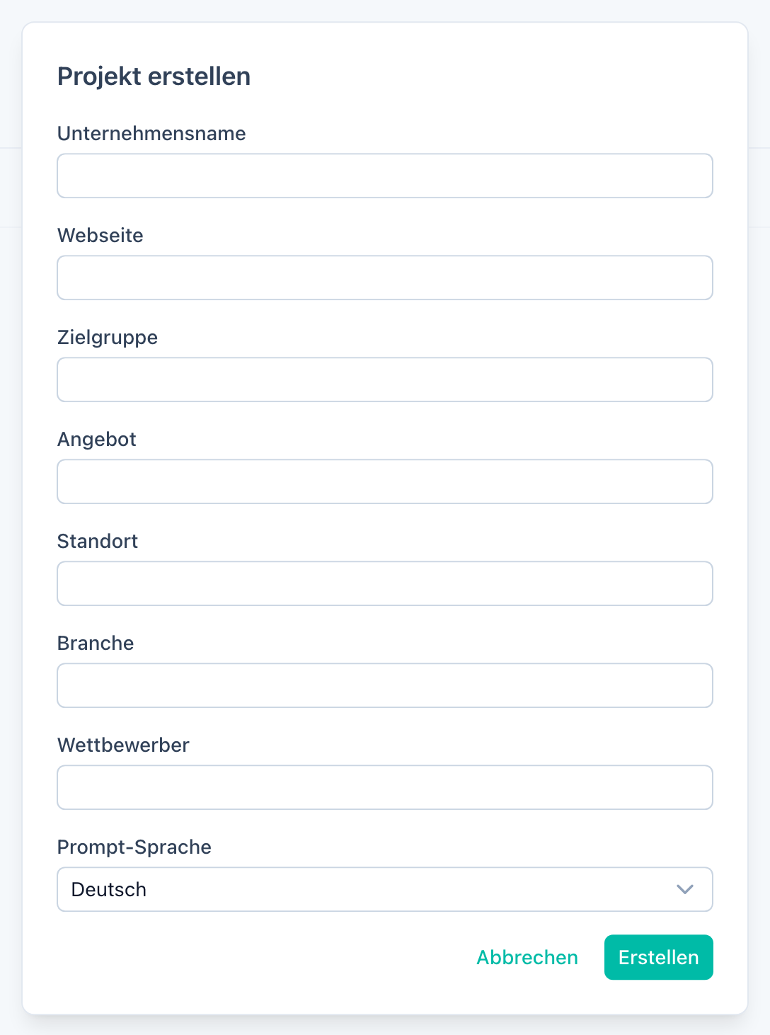 Projekterstellungsformular mit Feldern für Firmenname, Website, Zielgruppe, Angebot, Standort, Branche, Wettbewerber und Prompt-Sprache
