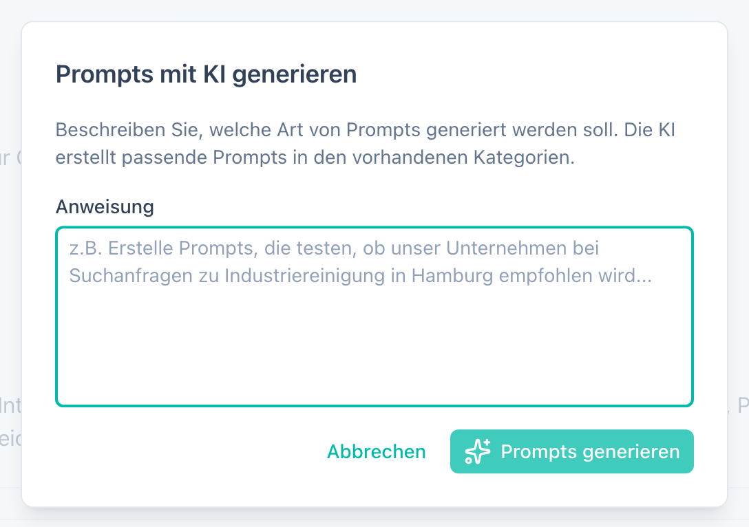 KI-Generierungsdialog mit Textfeld für benutzerdefinierte Anweisungen und Generieren-Schaltfläche