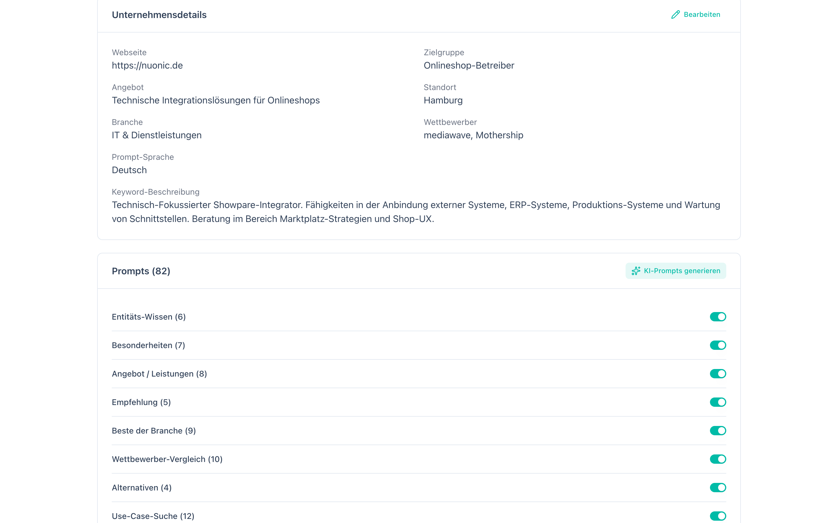 Prompt-Kategorien als aufklappbare Akkordeons mit Prompt-Anzahl und Umschaltern