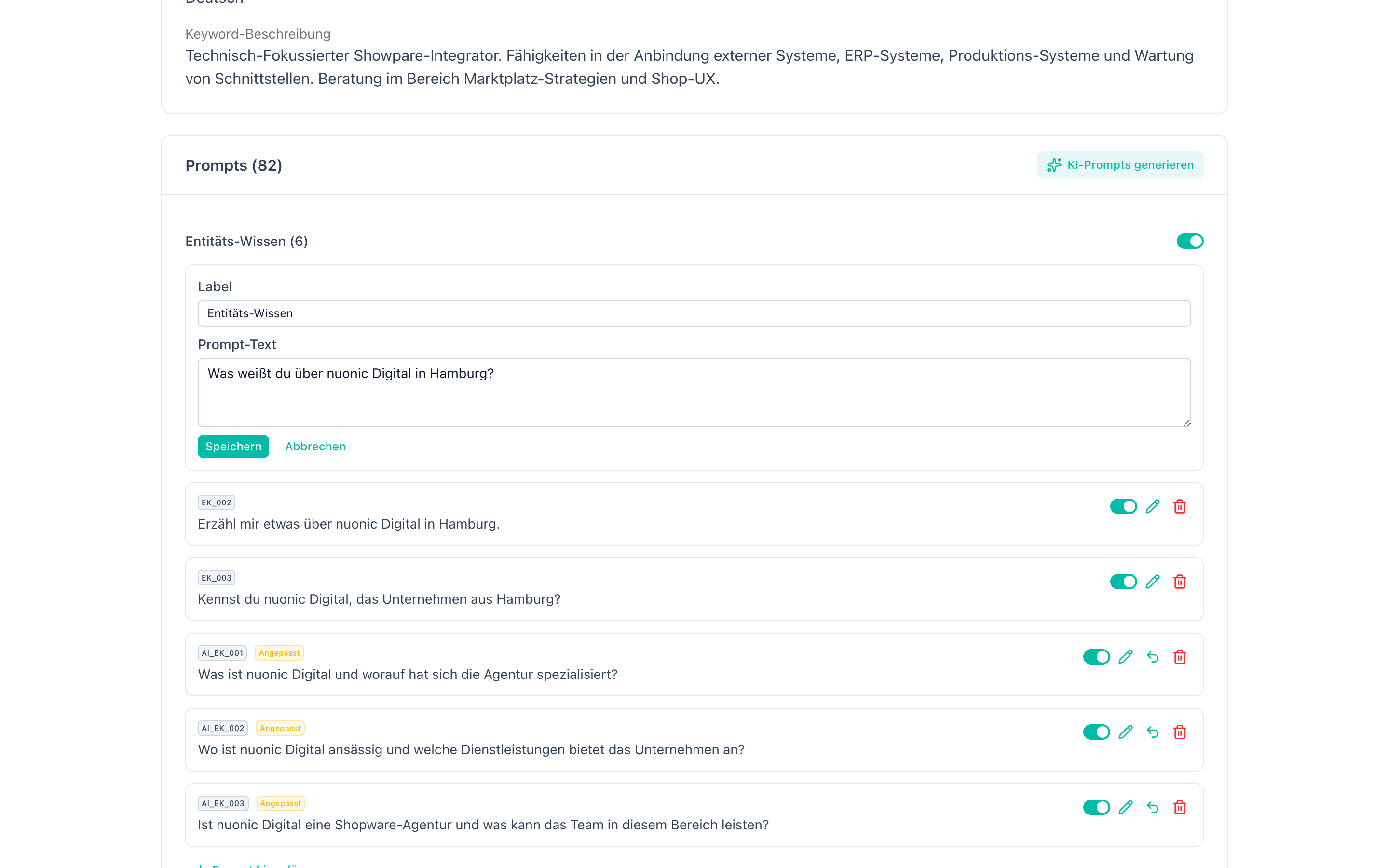 Prompt-Editor mit Inline-Bearbeitung von Label und Prompt-Text sowie Speichern- und Abbrechen-Schaltflächen