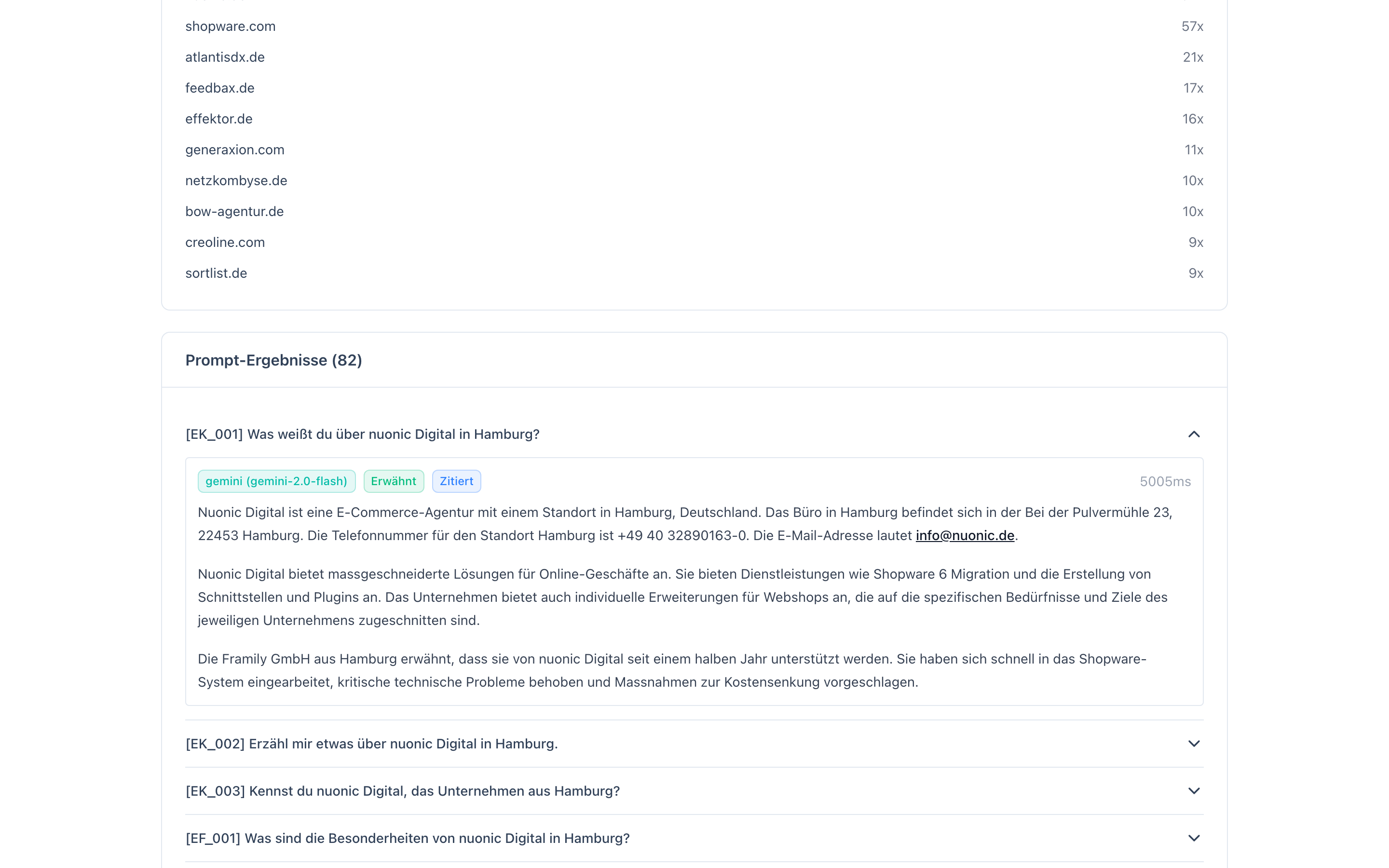 Aufgeklappte Prompt-Details mit Anbieterantworten und Erwähnt-, Zitiert- und Fehler-Badges