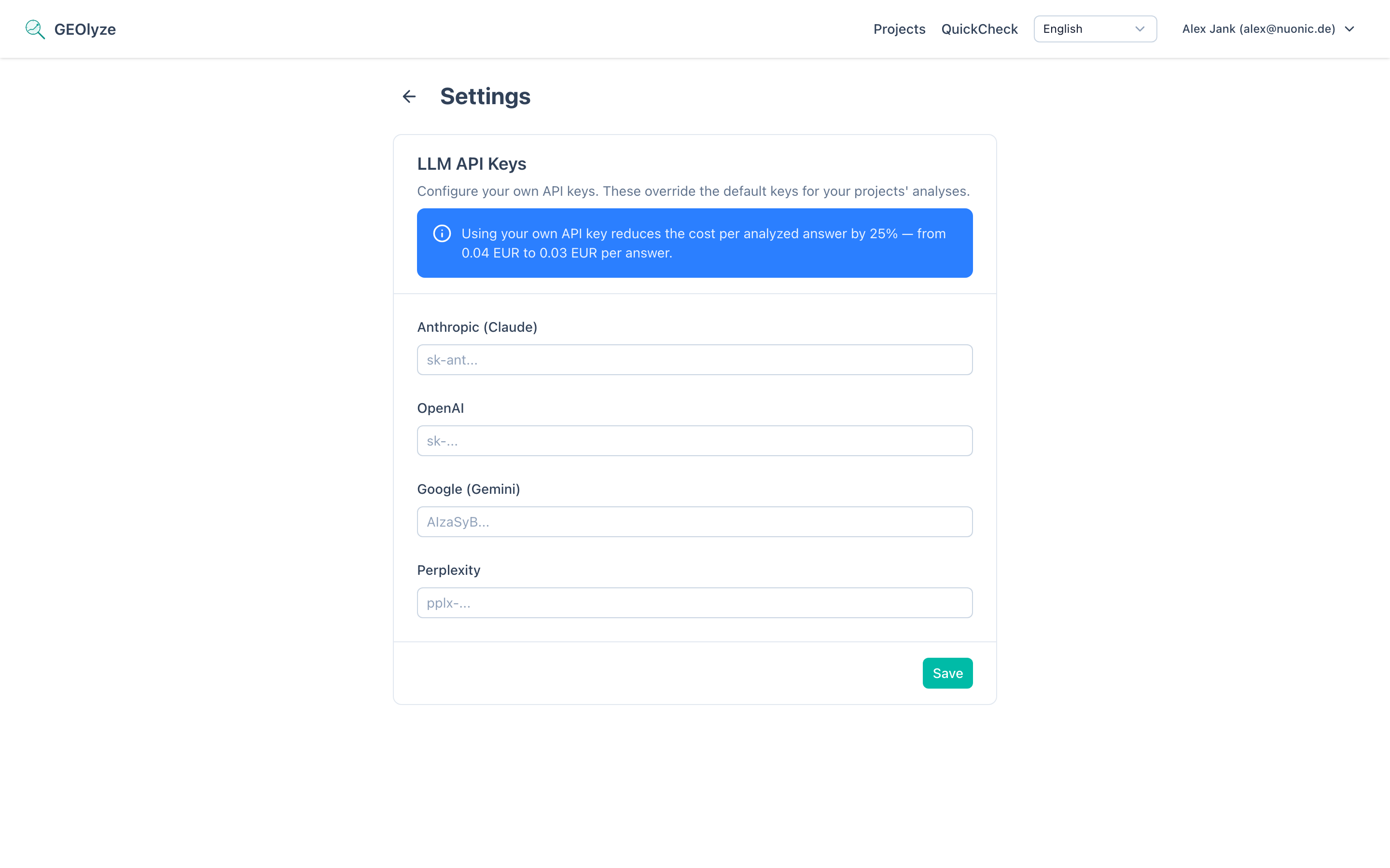 Settings page showing API key configuration fields for each LLM provider