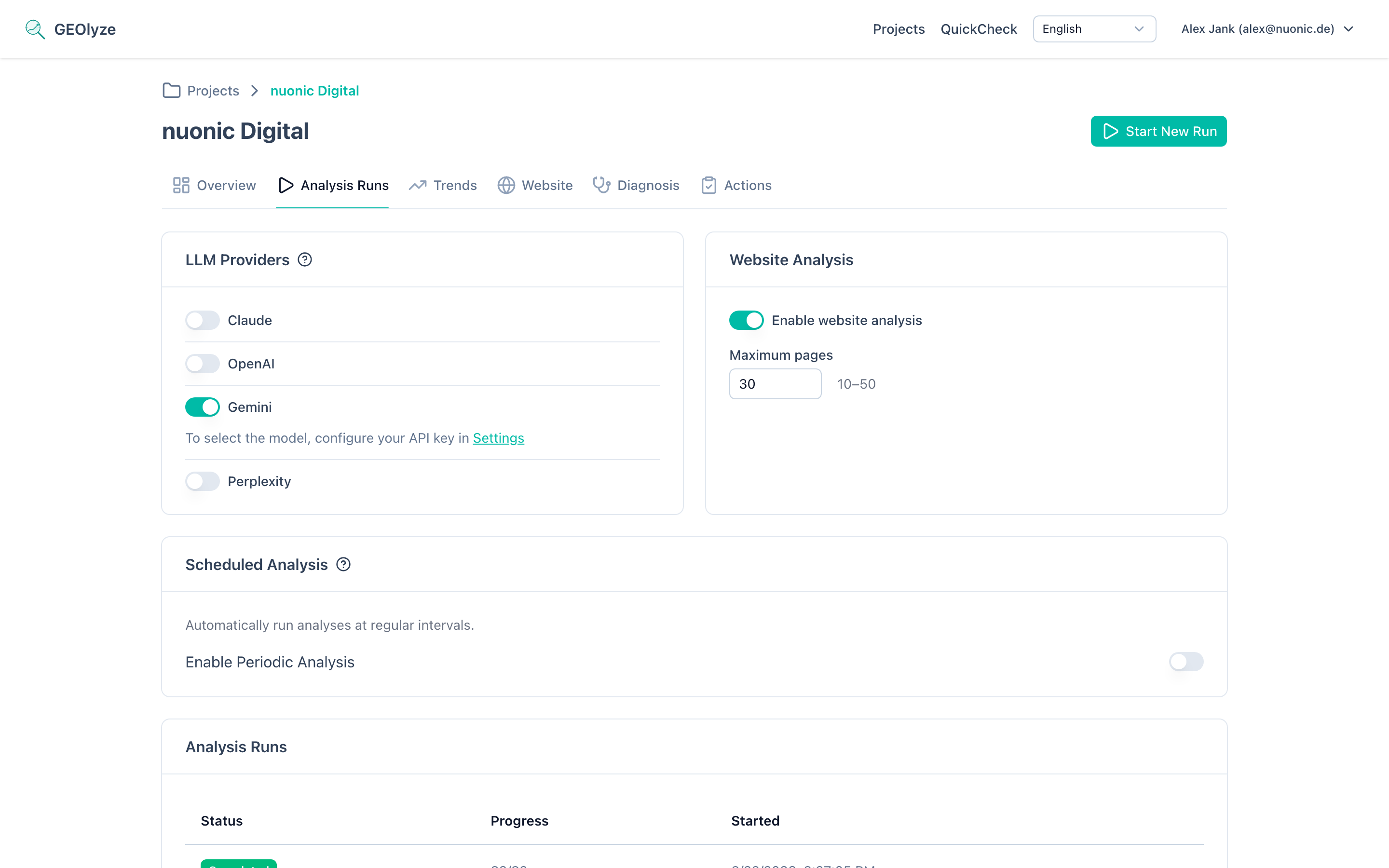 Cost estimation dialog showing AI analysis cost, website analysis cost, total estimate, and current balance
