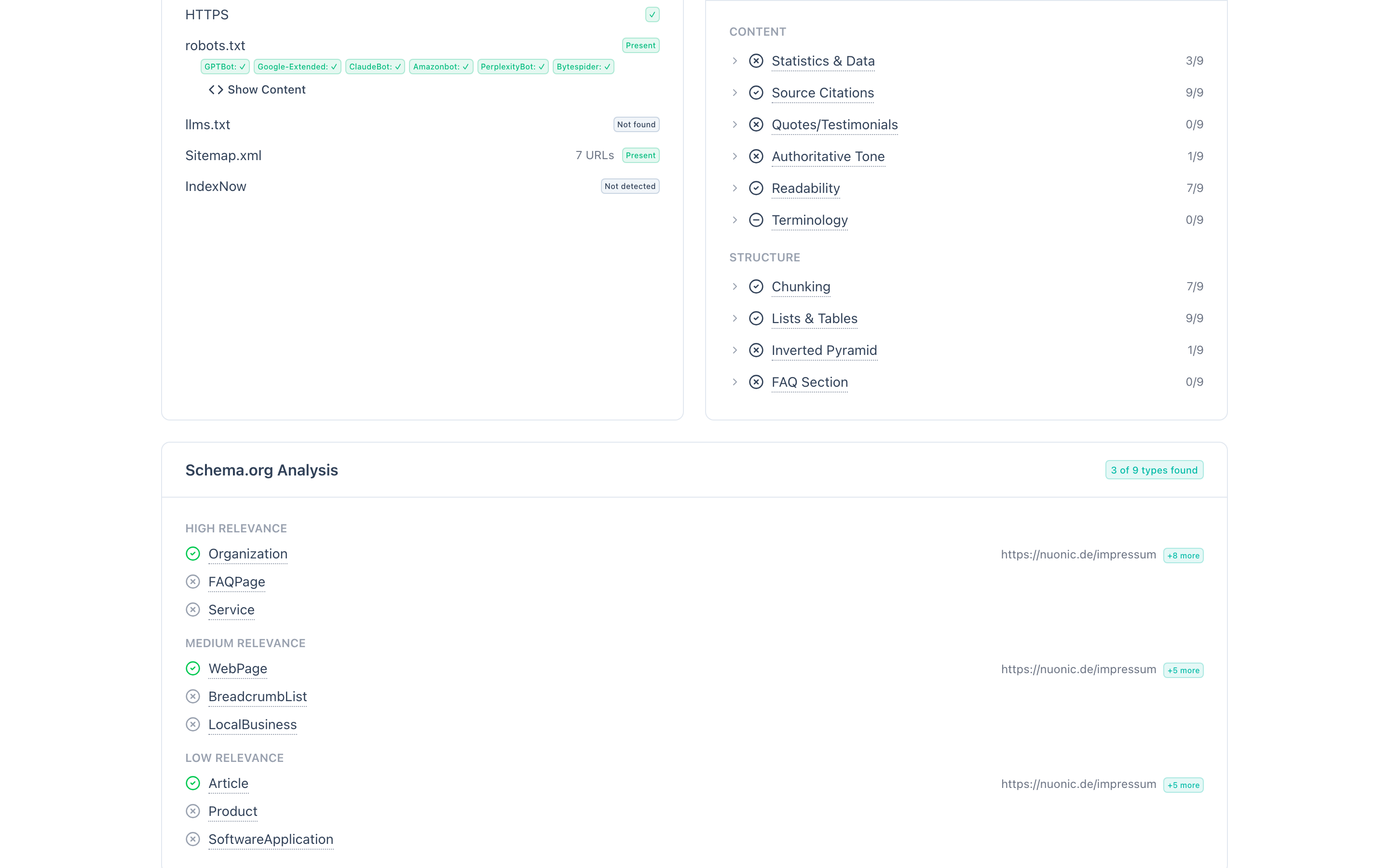 Technical checks card showing HTTPS status, robots.txt AI crawler statuses, llms.txt validation, and sitemap.xml details