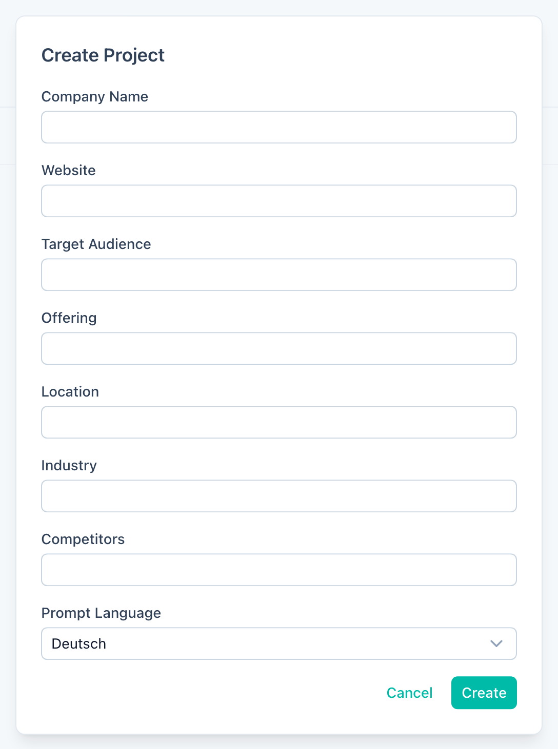 Project creation form with fields for company name, website, target audience, offering, location, industry, competitors, and prompt language