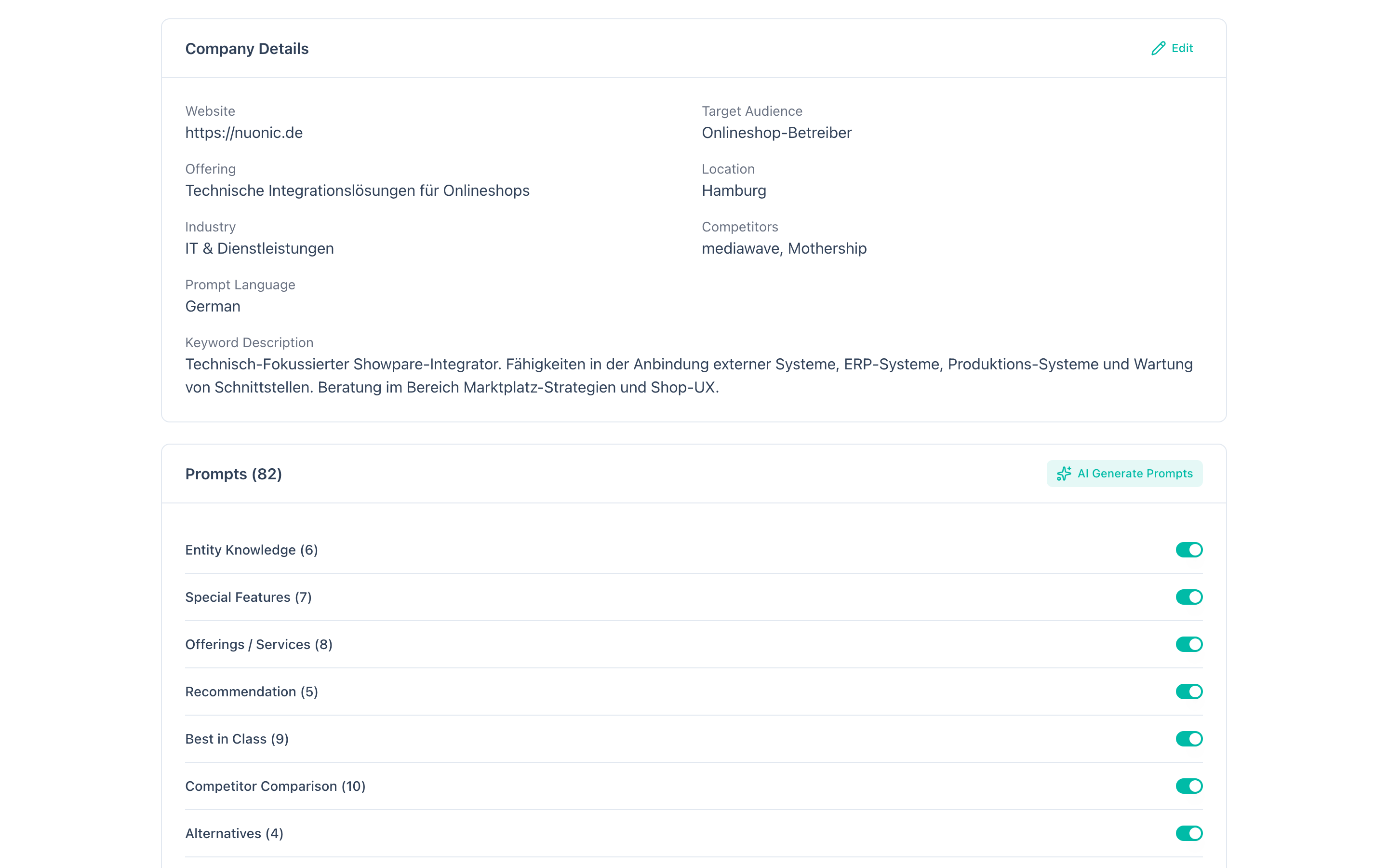 Prompt categories displayed as expandable accordions with prompt counts and toggle switches