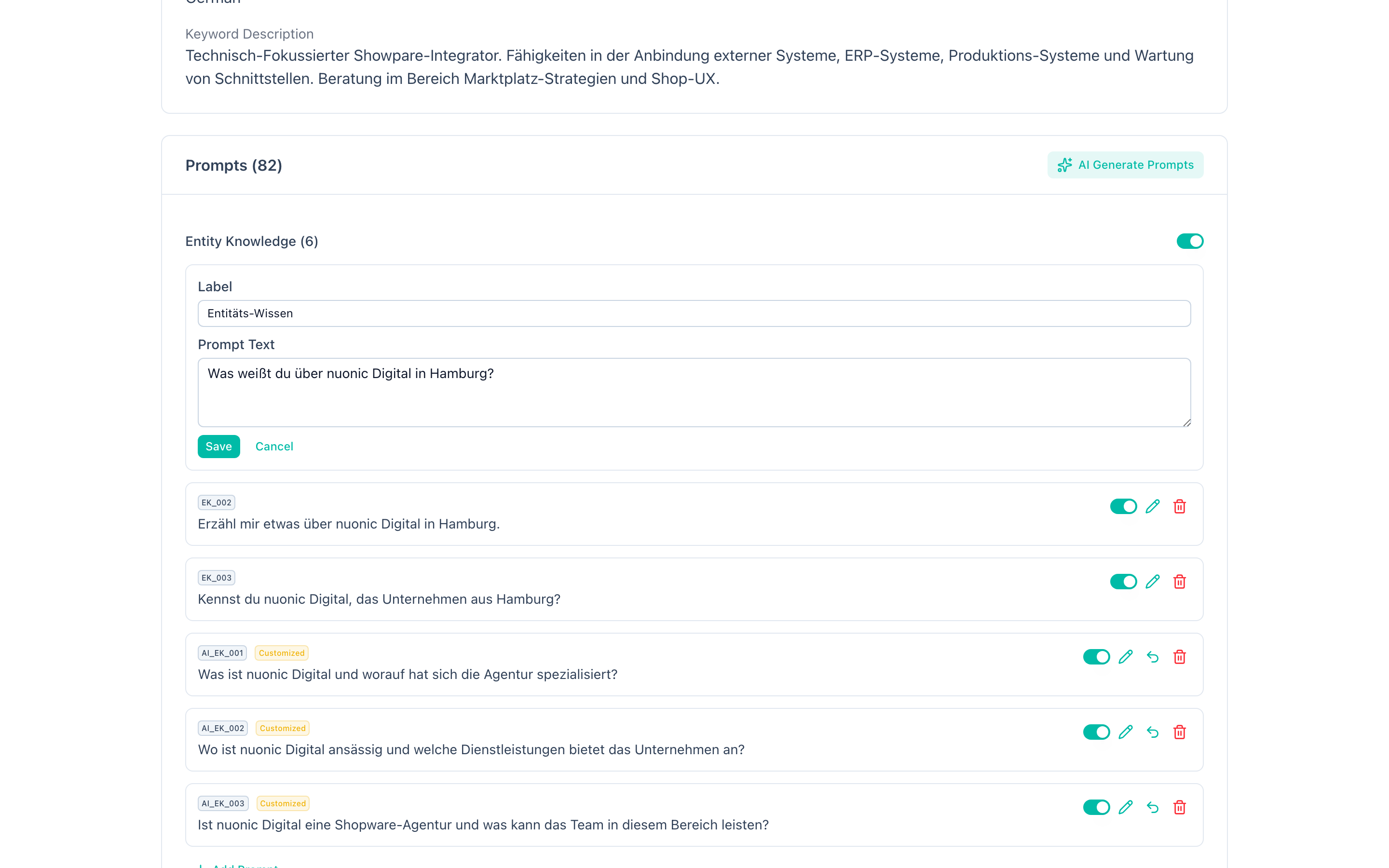 Prompt editor showing inline editing of label and prompt text with save and cancel buttons